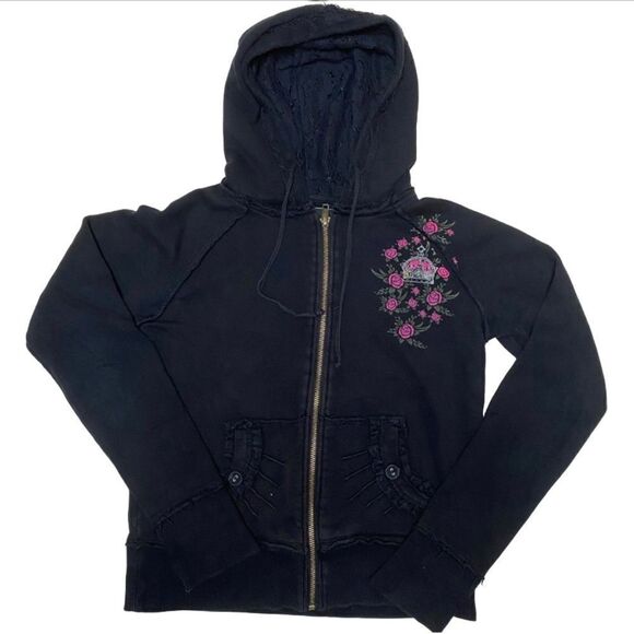Hard Rock Hotel Biloxi Distressed Black w/ Roses & Crown Hoodie - Picture 1 of 8